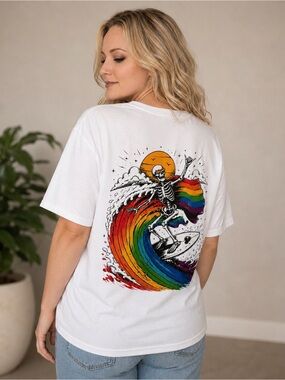 Gourley Collection Pride Month Surfing Skeleton Graphic T-Shirt – Size Large